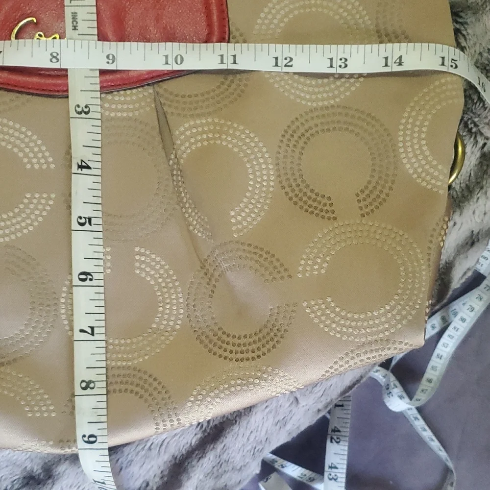 Coach Ashley Dotted Op Convertible Tan Red Bag Signature C Detail Sze 14.5 X 9.5